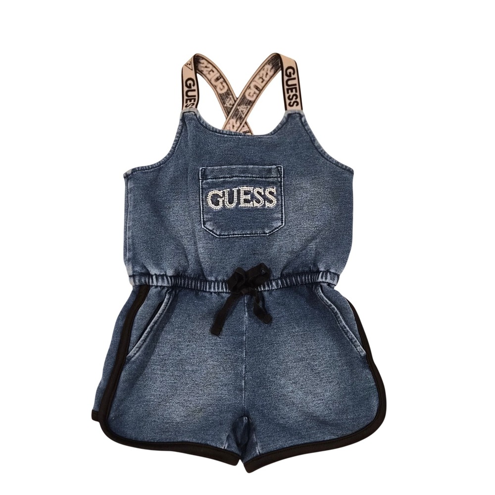Guess Girls Denim Blue Romper Logo Straps Beaded Pocket Size 3